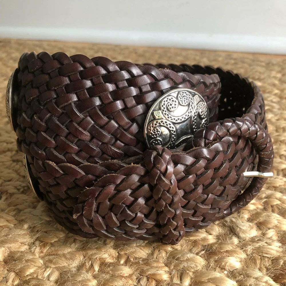 New: Anthropologie Woven Leather Belt with Silver Medallions. Size Medium